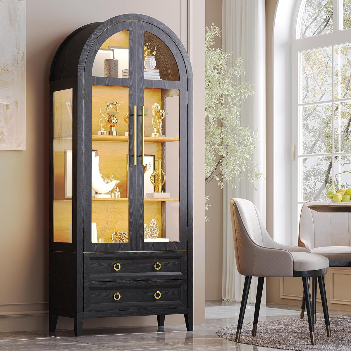 Vlsrka 71" Arched Curio Cabinet with Glass Doors, 4-Shelves Display Cabinet and 2 Drawers, Display Case with 3 Color Lights, Tall Bookcase, Kitchen Pantry, Black+Wood
