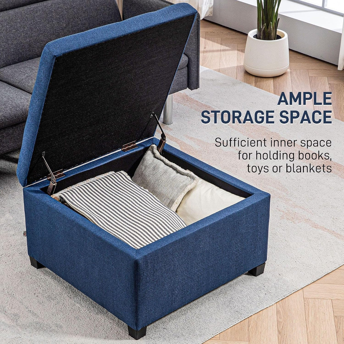 Round Storage Button Tufted Flip Top Ottoman in Elegant Blue Velvet with Comfortable Upholstery and Premium Quality Modern Style