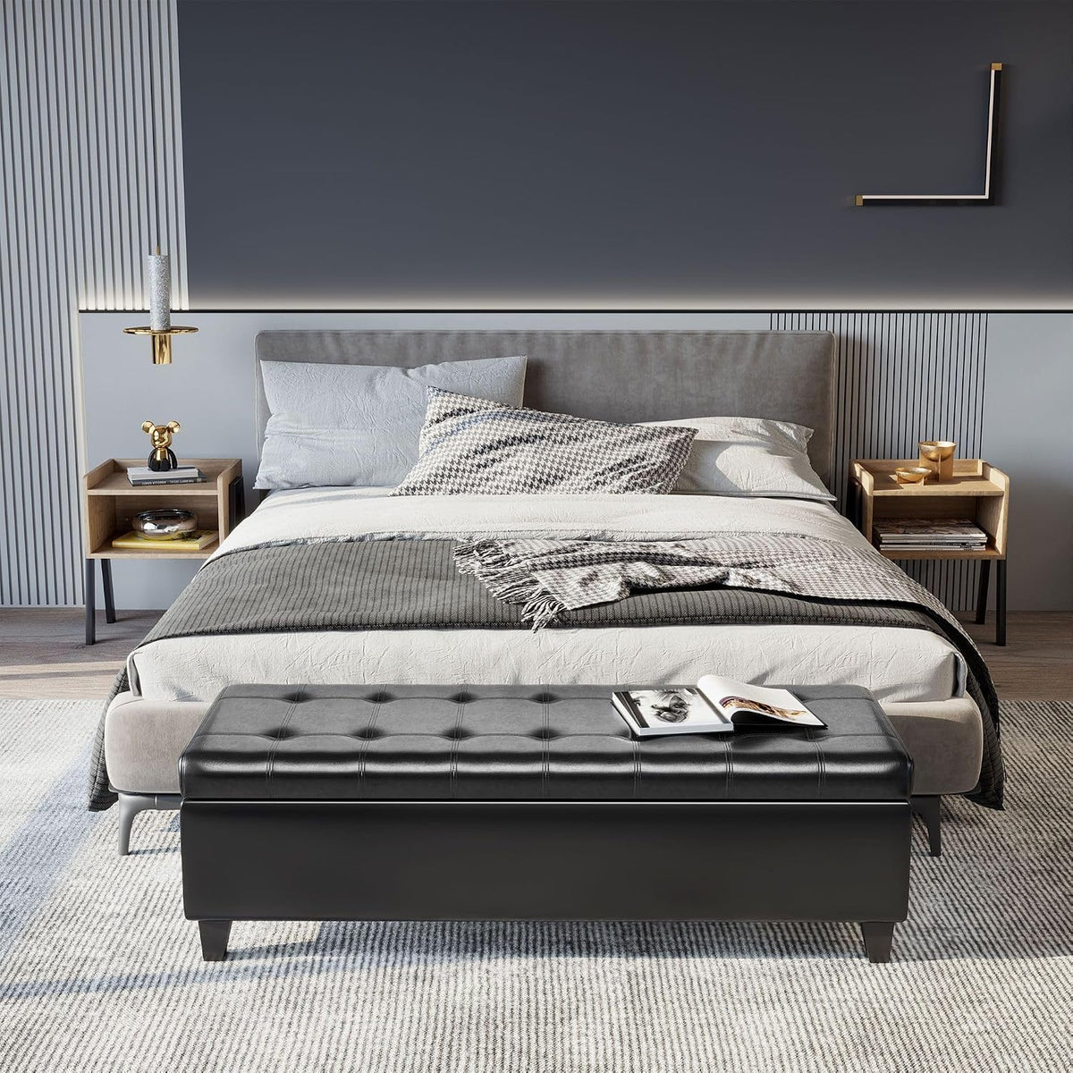 51inches Rectangular Tufted Faux Leather Storage Ottoman Black Stylish Luxury Contemporary Comfortable Durable Modern Elegant