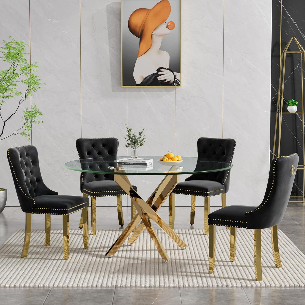 Round Glass Dining Table Set for 4, Small Kitchen Table Set for 4, 47" Circle Gold Glass Table and Chairs Set of 4,5 Piece Round Dining Room Table Set w/Black Velvet Chairs for Breakfast Dinette Cafe