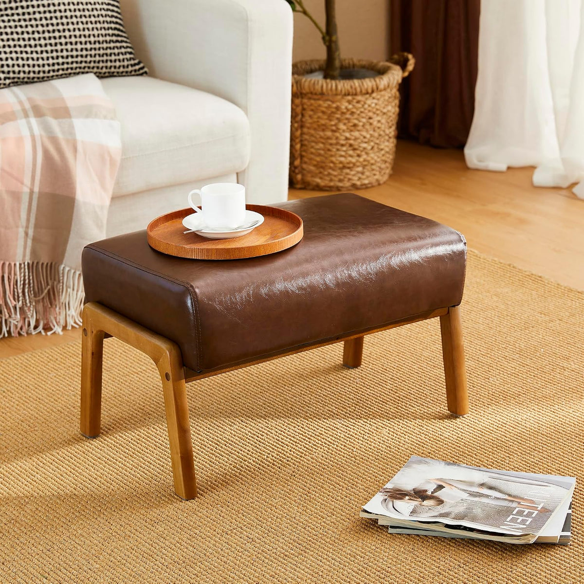 Glitzhome Rectangle Ottoman Bench, Modern Coffee Leatherette Footstool with Walnut Rubberwood Legs for Living Room, Bedroom