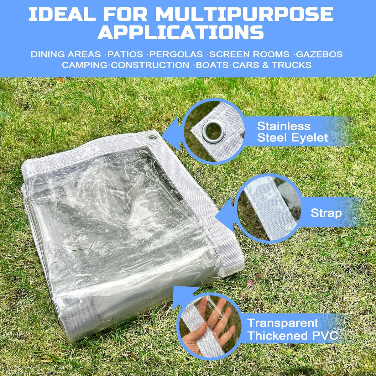 Clear Tarp 10 x10FT, 20 Mil Clear Vinyl Tarp, Small Cover Plastic Sheeting with Grommets, Double-Stitched Reinforced Edges, Heavy Duty Tarps Waterproof and Tearproof