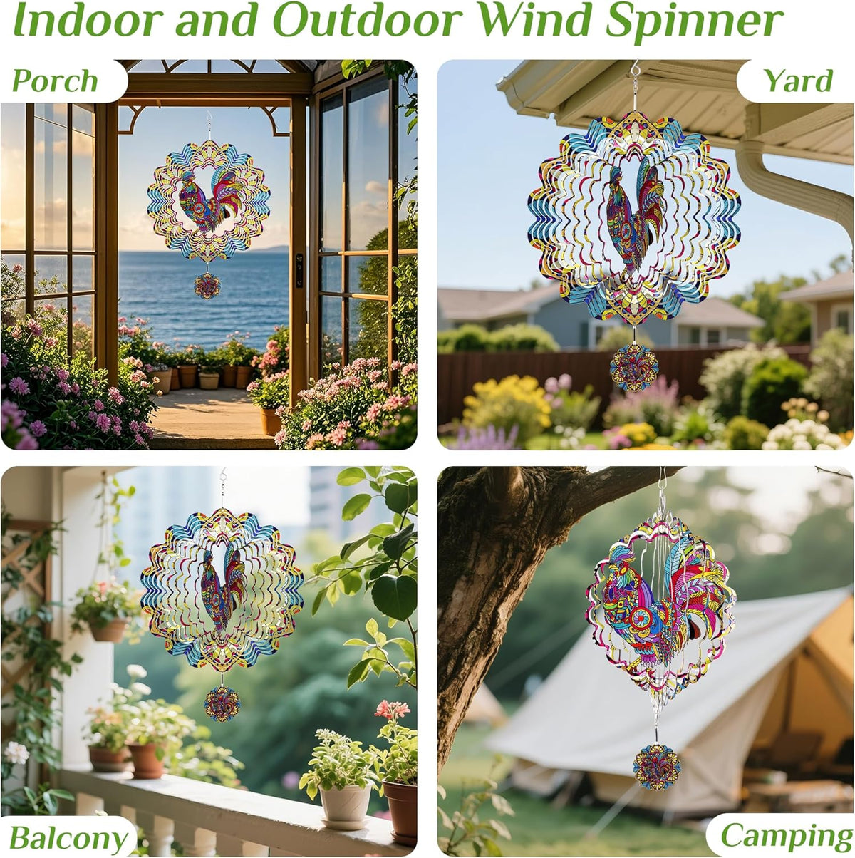 Wind Spinners Outdoor Hanging Rooster - Metal Chicken Gifts for Mom Women Grandma Men, 11.5 Inch 3D Stainless Steel Laser Cut Art Kinetic Wind Spinner for Indoor/Garden Porch Yard Decor