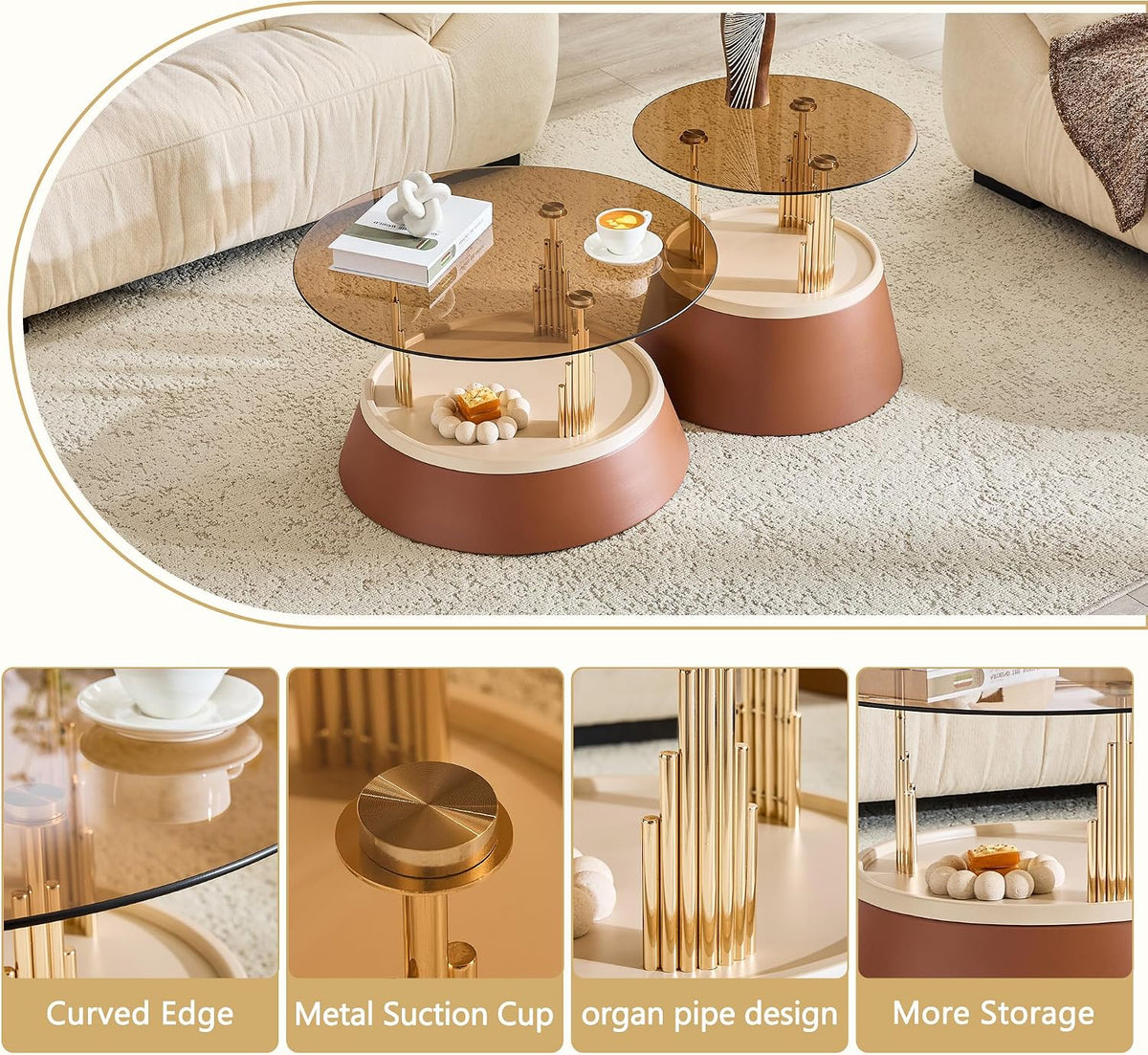 Round Glass Coffee Table Set of 2, Brown, 27.5 Inch | Amber tempered glass tops, brown metal pedestal bases, gold supports, two-tier design for living rooms and apartments