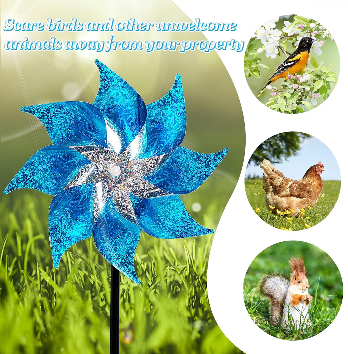 Hausse 10 Pack Reflective Pinwheels with Stakes, Extra Sparkly Pin Wheel for Garden Decor, Bird Repellent Devices Deterrent to Scare Birds Away from Yard Patio Farm, Blue