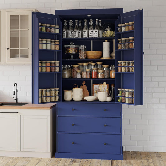 Tall Kitchen Pantry Cabinet Wood Freestanding Large Cupboard with 3 Drawers, 8 Door-Shelf and Adjustable Shelves for Dining Room (Blue)