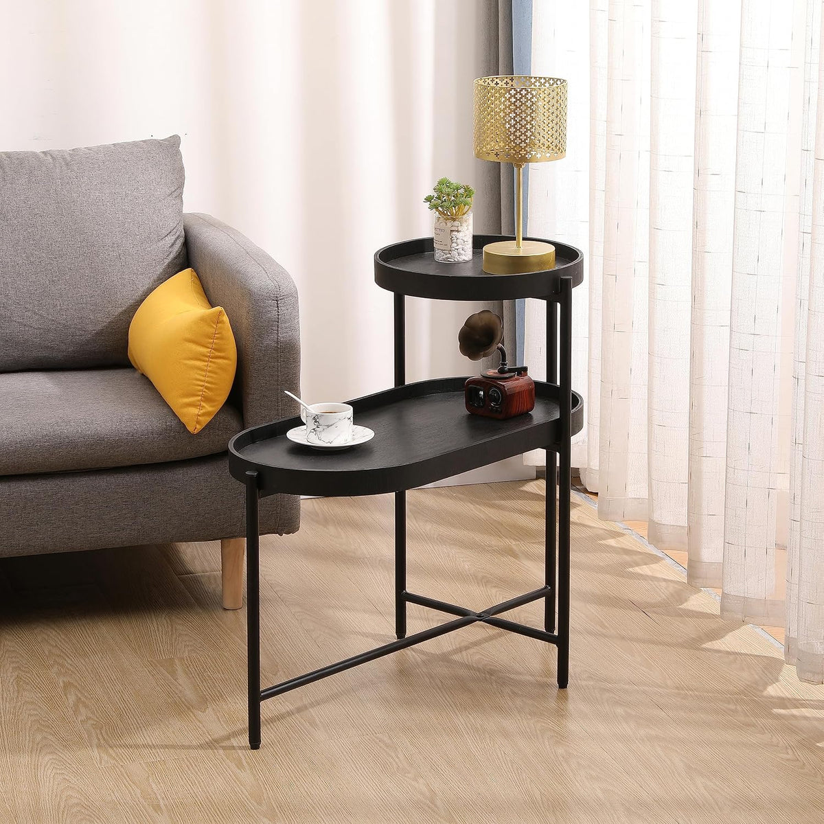 2-Tier Side Table, Metal & Wood Construction with Storage Shelf - Modern End Table for Living Room, Bedroom & Entryway,Black