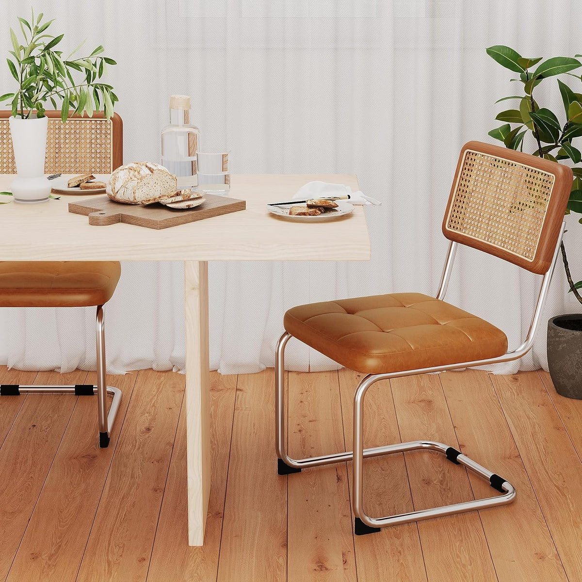 Rattan Dining Chairs Set of 2 Mid Century Modern Kitchen Chairs with Natural Rattan Backrest Oak Frame and Upholstered Pu Seat Chairs with Metal Legs