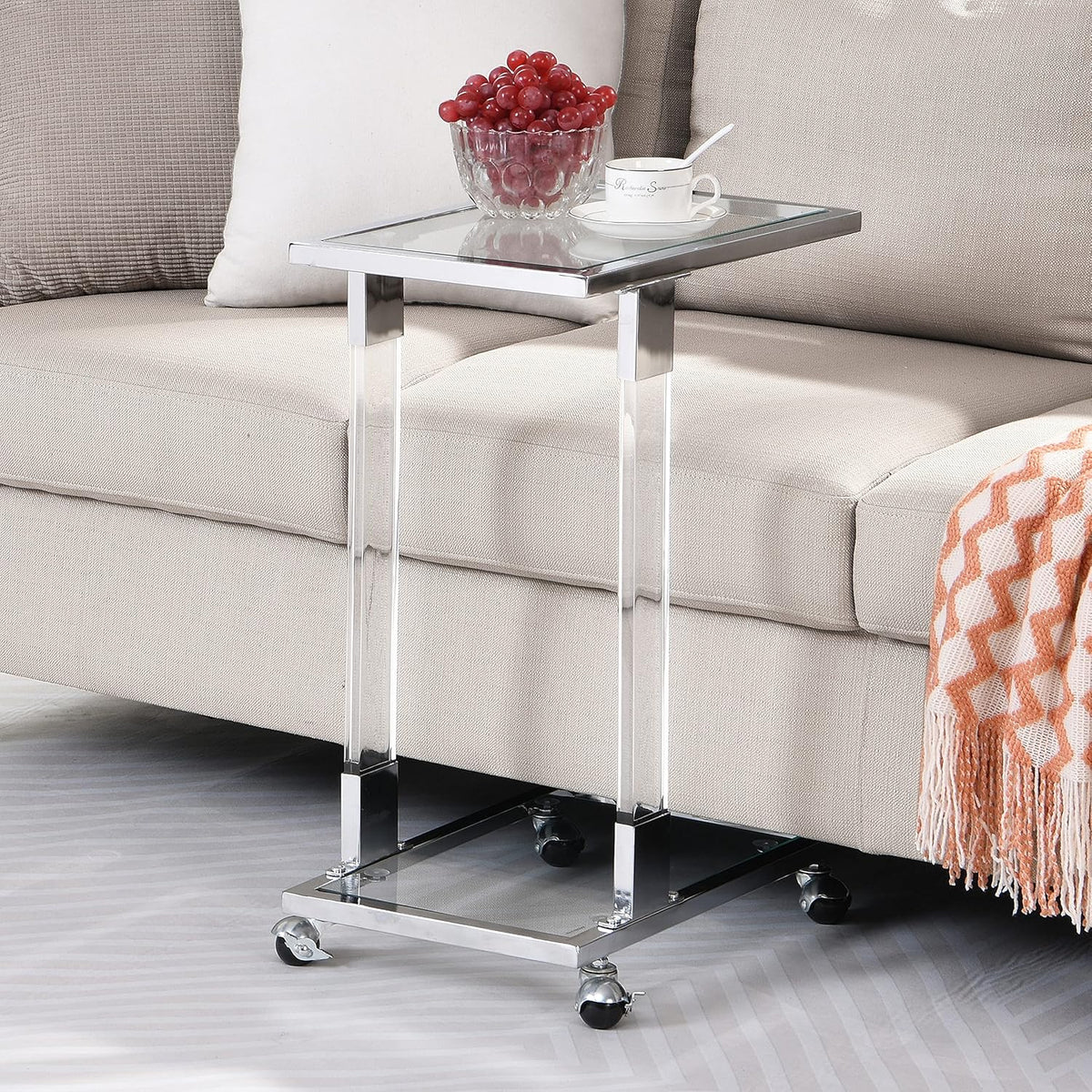 Acrylic Sofa Side Table C Shaped End Table with Wheels, Rolling Bedside Laptop Snack Table with Glass Top,Mobile Breakfast Tray Table with Clear Acrylic Frame